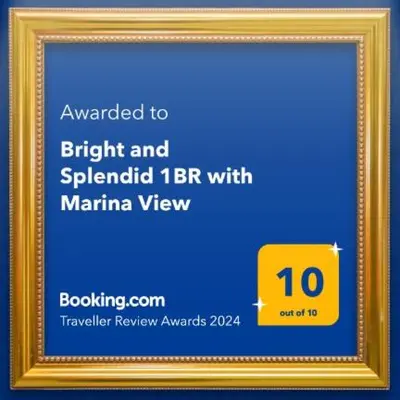 a gold picture frame with a sign in it at Bright and Splendid 1BR with Marina View in Dubai