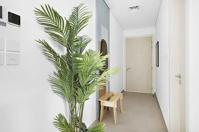 a palm tree in a hallway with a wooden chair at Silkhaus brand new studio in Belgravia Heights, JVC in Dubai