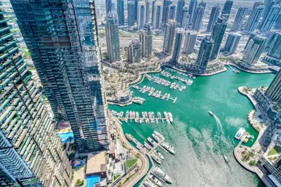 a view of the dubai city from a skyscraper at Damac Heights, Dubai Marina - Mint Stay in Dubai