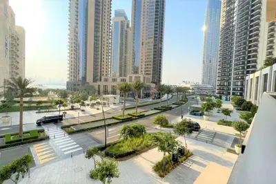 a view of a city with tall buildings at Modern & Chic Waterfront 2bed balcony Dubai Creek in Dubai