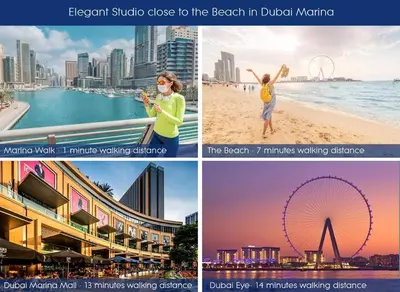a collage of photos of the beach in dubai at Elegant Studio in Dubai Marina Near Beach and Metro Z1013 in Dubai