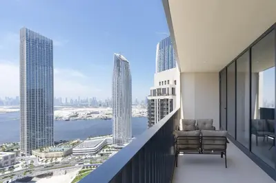 a balcony with a view of the city at Elegant 2 Bedroom Luxury Living in Harbour Gate - Allsopp&Allsopp in Dubai