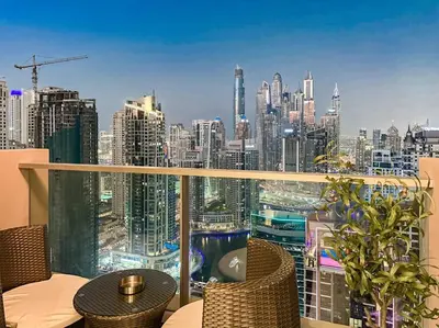 a balcony with a view of a city skyline at Breathtaking view studio – Address Dubai Marina in Dubai